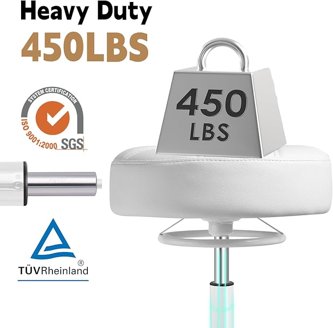 Gold Rolling Stool Heavy Duty - 360°Height Adjustable, Super Soft Thick Seat Cushion, Smooth Silent Rolling, Durable Rolling Stool Chair with Wheels for Salon Vanity Massage Medical, 450LBS (White 2)