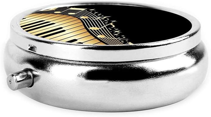 Novel Music Note Prints Custom Round Silver Pill Box Pocket Medicine Tablet Holder Organizer Case for Purse