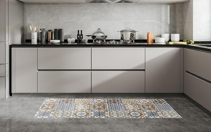 J&V TEXTILES Anti Fatigue Kitchen Runner Mat- 20" x 55" Oversized Long Non Slip PVC Rubber Kitchen Area Rug- Cushioned Comfort Mat with Foam Backing for Office Standing Desk [Brown Tiile]