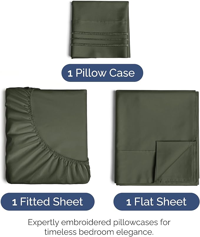 Twin Size 3 Piece Sheet Set - Extra Soft, Breathable & Cooling - Hotel Luxury Durable Bed Sheets for Women & Men - Deep Pockets, Easy-Fit & Wrinkle-Free - Dark Olive Grey Oeko-Tex