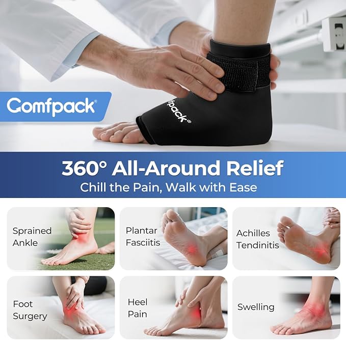 Ankle Ice Pack Wrap for Swelling, Reusable Foot Ice Pack Wrap, Hot & Cold Therapy Compression Sleeve for Plantar Fasciitis Relief, Achilles Tendonitis, Sprain, Heel Pain, Sprained