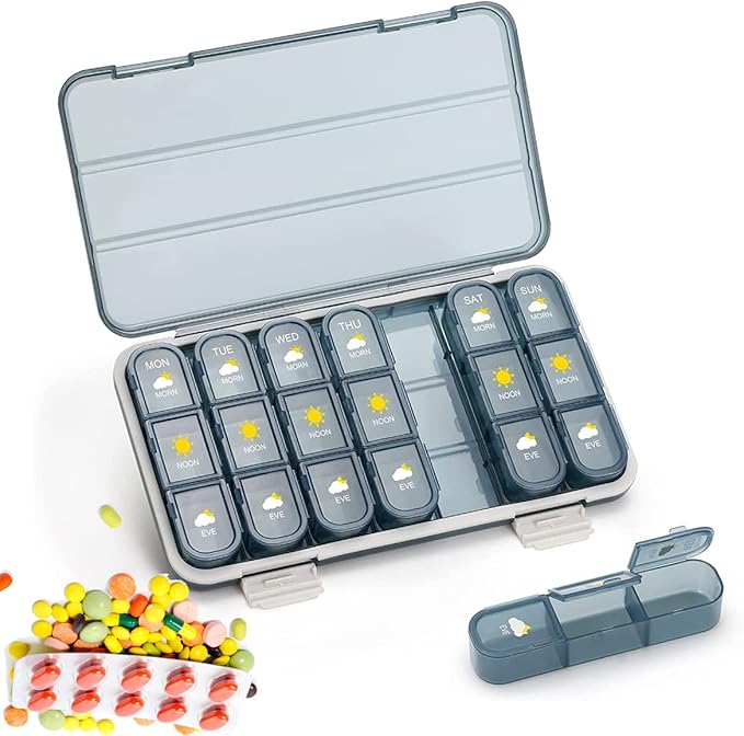 Weekly Pill Organizer,3-Times-A-Day 7 Day Pill Box Large Compartments, Removable Secured Outer Box Air Tight Travel Medicine Container for Purse, Pocket Vitamins Supplements Holder