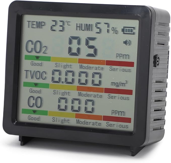 Fabater Air Quality Monitor, 5 in 1 Multifunction Real Time Portable Smart CO2 Monitor, Air Quality Tester with LCD Display and Flexible Placement for Home Office Car Hotel (Black)