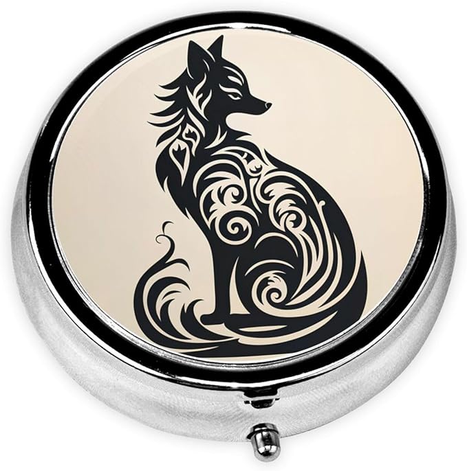 Nordic Art Tattoo Fox Pill Box 3 Compartment Pill Case, Portable Medicine Pill Organizer for Pocket Purse Pill Box Decorative Metal Medicine Vitamin Organizer