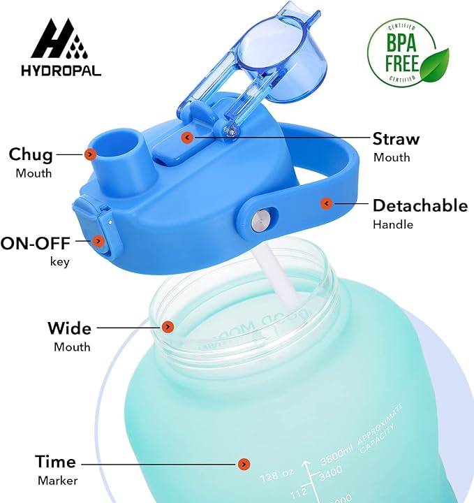 HydroPal 1 Gallon Water Bottles with Straw, 128 oz Water Bottle BPA Free Innovative 2-IN-1 Lid Gym Bottle with Times to Drink Motivational, Large for Sports Fitness Camping Water Jug （13.8X5.5 inch）