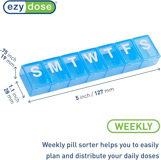 Ezy Dose 7-Day AM/PM and Weekly Pill Organizers with Push Buttons, Rounded Bottoms, Translucent Lids, Blue and Purple