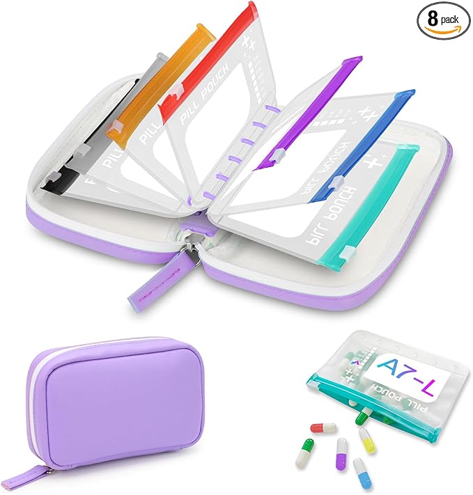 A7 Waterproof Pill Organizer with 7 PCS L Size Zippered Pill Pouches for A7 Binder, Large BPA-Free Weekly Medicine Organizer, Color-Coded Reusable Travel Pill Storage System