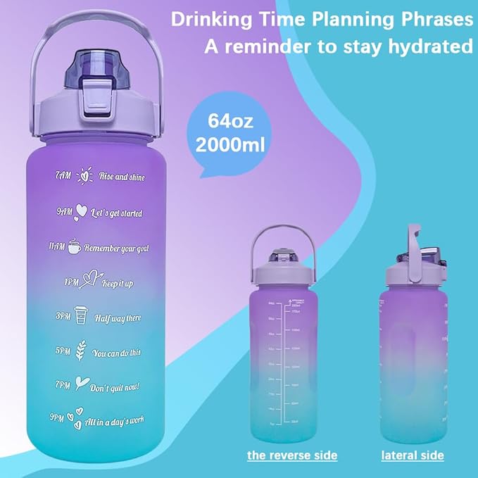 64 oz Large Capacity Water Bottle with Motivational Time Markers and Straw, Portable, Leakproof, BPA Free for Fitness, Gym and Outdoor Sports. (Purple)