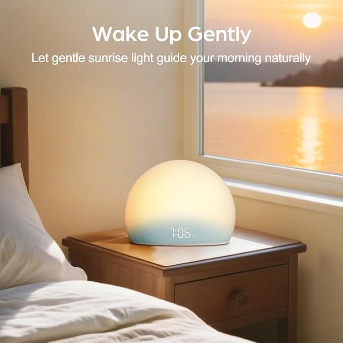 HOUSBAY Sunrise Alarm Clock, White Noise Sound Machine for Bedroom | Natural Wake-Up Light with Gentle Alarm Sounds, 20 Soothing Sleep Aids, Dimmable Display, Screen-Free Design - Blue
