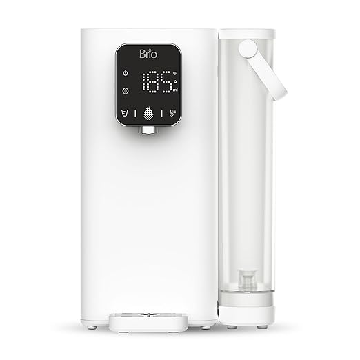 Brio SIMPL Countertop Water Dispenser, 3 Stage Water Filter & Adjustable Instant Hot Water | Easy Access Refillable 2.5L Tank | Tall 8.5" Dispense Height, LED Touch Controls, White