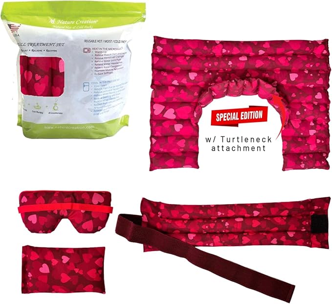 Nature Creation Microwavable Heating Pads Full Set - Herbal Heating Pads - Herbal Hot & Cold Therapy Packs - Set of 4 Reusable Heating Pads - Hearts