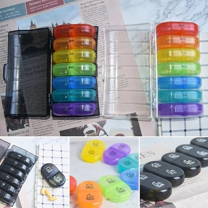 Portable Pill Organizer for Travel, 7-Day Pill Case with 14 Compartments, Pill Holder for Vitamins & Medication, Leak-Proof & Compact Design (Black Shell with Color Grid, 1PC)