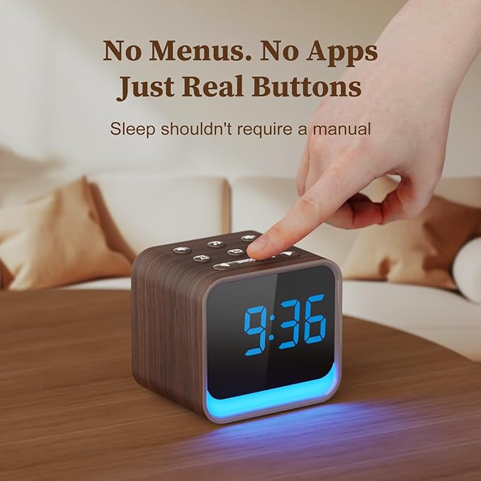 Housbay Wooden Sound Machine Alarm Clock for Bedrooms - Gentle Wake-Up with Birdsong, White Noise for Sleeping, Small Digital Clock for Phone-Free Routine - Walnut Wood