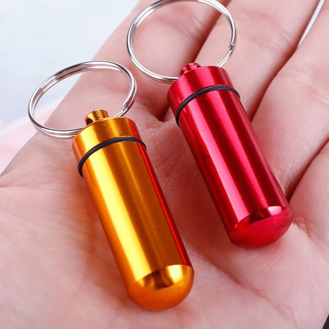 AKOAK 2 Pcs Colorful Round Aluminum Alloy Pill Bottle, Emergency Jar, Waterproof Outdoor Travel Portable Pill Bottle Key Chain (Gold)