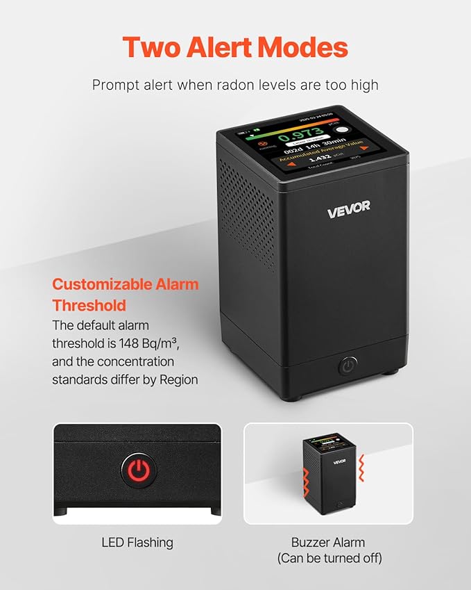 VEVOR Home Radon Detector, 2Bq to 20kBq/m³, HD Color Screen for Real-time Display, Short-Term & Long-Term Monitoring, Portable with LCD Screen, Multiple Detection Periods Support, Battery Powered