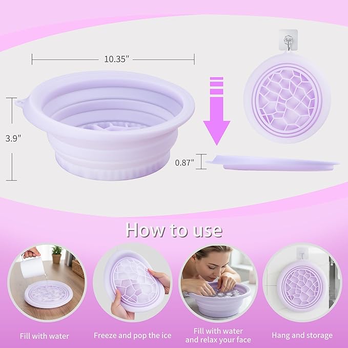 Foldable Face Bowl for Ice with Built-in Ice Tray & Hanging Hook - Collapsible Silicone Facial Bath Bowl for Cold Plunge Therapy, Skin Tightening, Acne Relief - Portable for Home, Travel, Gym(Purple)