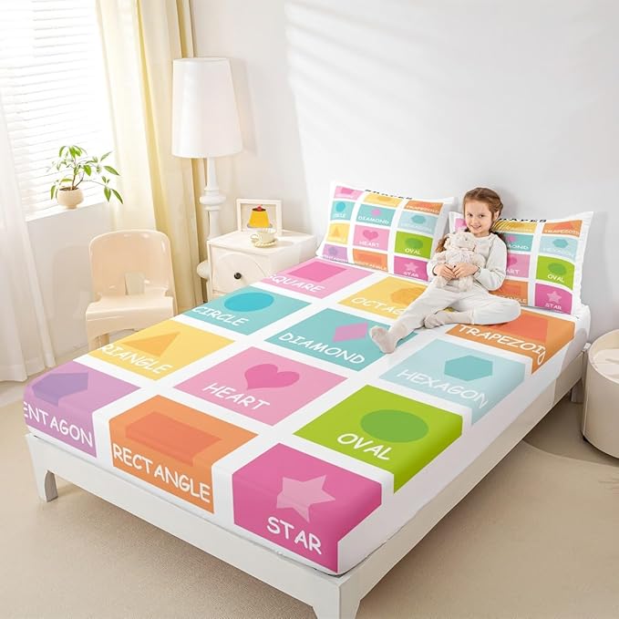 Feelyou Kids Shapes Fitted Sheet Queen Size, Educational Bed Sheet Set Boys Girls Preschool Bedding Set Learning Teens Bedroom Decor Lightweight Bed Set (No Flat Sheet)