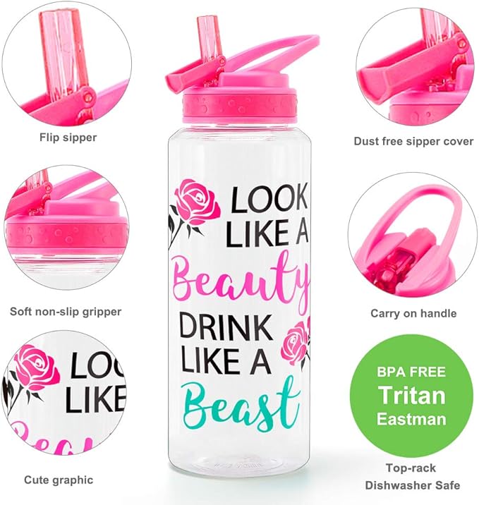 Home Tune 32oz Motivational Water Bottle with Straw & Time Marker, BPA FREE, Dustproof Flip Straw, Leak Proof, Easy Clean (Beauty & Beast)