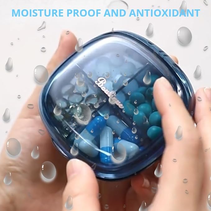 KOIALMA Portable Pills Organizer Box with 4 Compartments - Small Sized Medicine Storage Case with Sealed Compact Compartments. (Clean-Blue)
