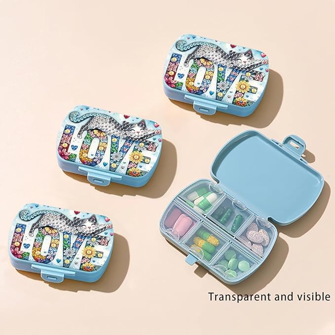 C'eitura DIY Love Cat Diamond Art Painting Blue Pill Organizer with 6 Lid Detachable Compartments, Fun DIY Craft Project for Adults, Elegant Pill Case for Purse & Travel