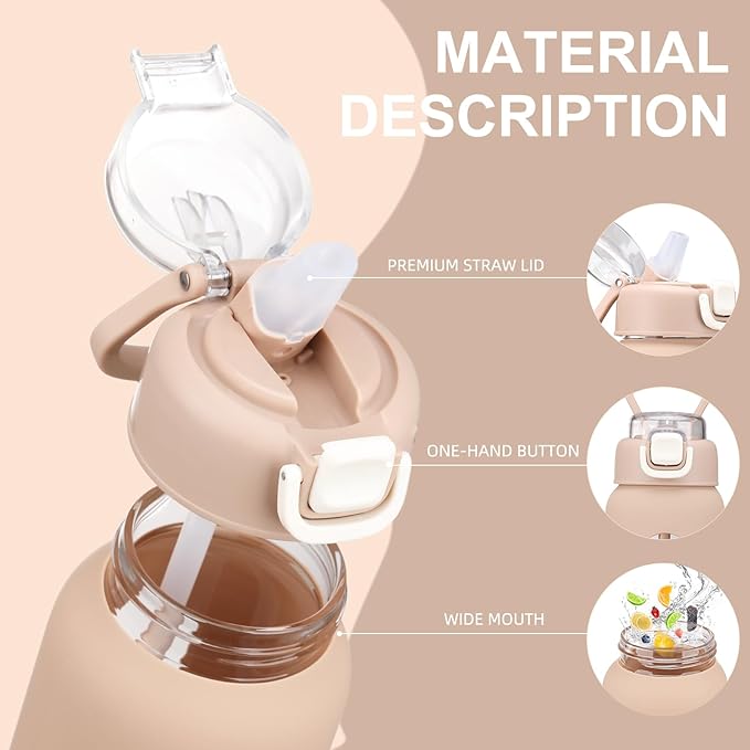 24 oz Glass Water Bottles with 2 Lids-Handle Spout Lid & Straw Lid, Motivational Water Bottle with Time Marker and Silicone Sleeve,Leakproof-Amber-1 Pack