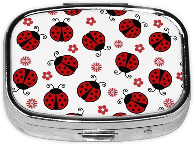 Red Ladybug Flower Pill Box with Mirror 2 Compartment Metal Square Small Pill Case for Purse Pocket Portable Pill Container Holder Travel Medicine Organizer for Vitamin Fish Oil Supplement