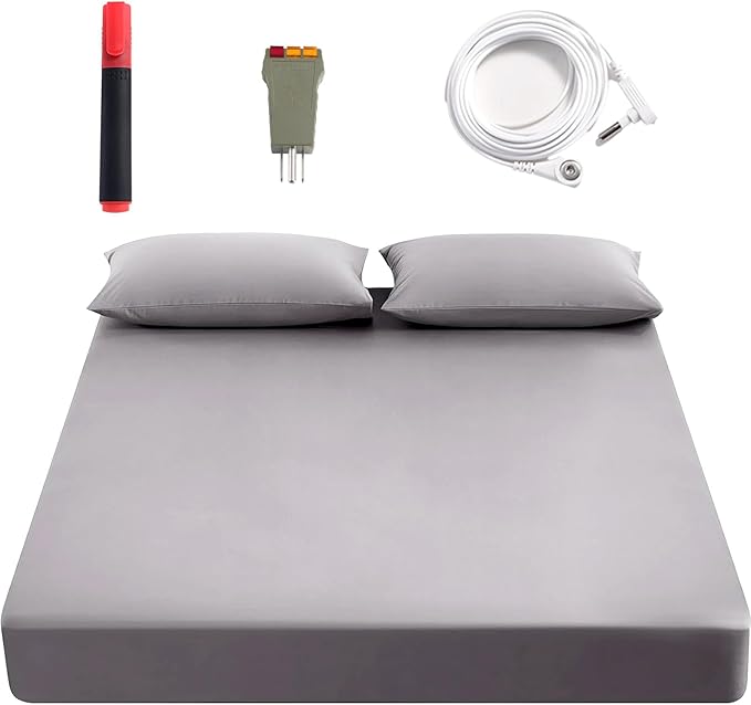 grounding Sheets King cotton ,Grounding Fitted Sheets with Grounding Cord,Pain Reliefand Helps Sleep- Earth Connected Bedding(Gray, King)