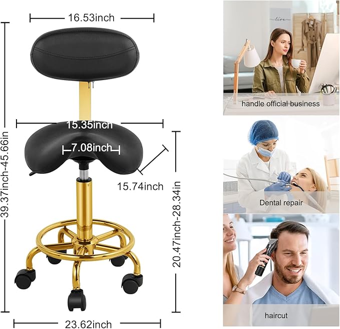 Saddle Rolling Chair Saddle Stool with Backrest Ergonomic Stool with Wheels Hydraulic Adjustable Soft Comfortable Cushion for Salon Tattoo Shop Spa Home Office Dentist Black
