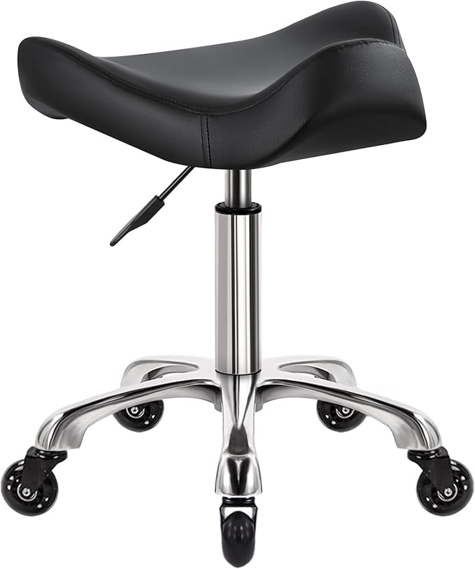 Heavy Duty Rolling Stool with Wheels Hydraulic Swivel Adjustable Rolling Chair Ergonomic Thick Irregular Leather Seat Stool Chair for Kitchen Drafting Lab Office Salon Message Counter – Black