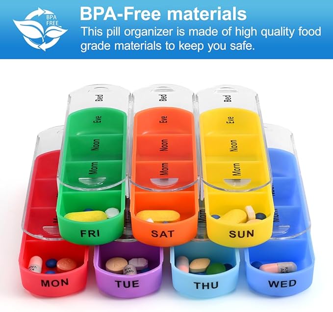 Weekly Pill Organizer Box Case Travel Medication Reminder Daily AM PM, Day Night 7 Compartments in Leather Carrying Case