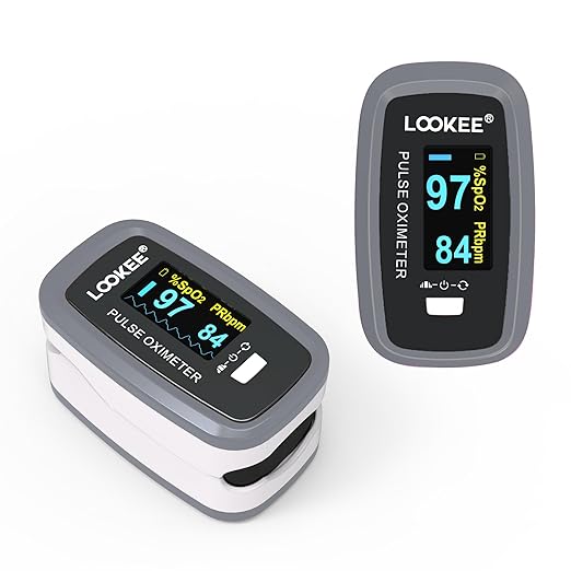LOOKEE LK50D1 Deluxe Fingertip Pulse Oximeter - Finger SpO2 Blood Oxygen Saturation Monitor with Auto Rotate OLED Display Plethysmograph Waveform & Pulse Graph - Batteries Included
