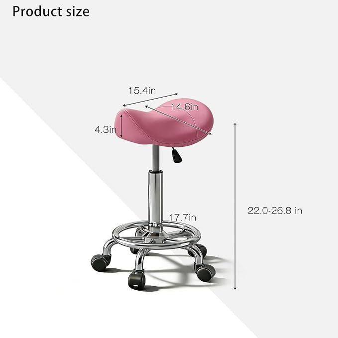 Saddle Stool with Wheels, Adjustable Rolling Stool Chair with Back Support, Ergonomic PU Leather Saddle Chair for Salon, Massage, Tattoo, Medical, Spa, Office (Pink, 1PCS)