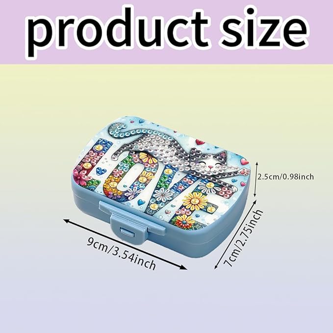 C'eitura DIY Love Cat Diamond Art Painting Blue Pill Organizer with 6 Lid Detachable Compartments, Fun DIY Craft Project for Adults, Elegant Pill Case for Purse & Travel