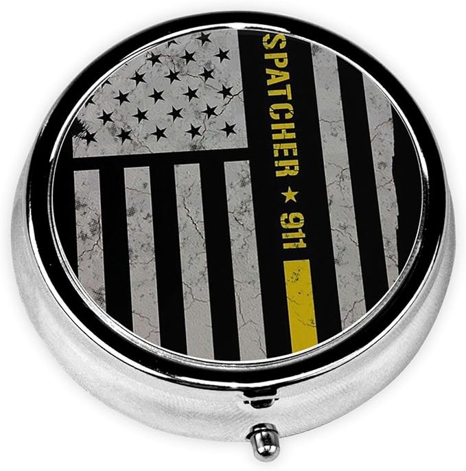 Round Pill Organizer, Portable Travel Pill Case, Purse Pill Box Hold for Pills, Jewelry, Beads, Paper Clips, Dispatcher Gold Flag Black