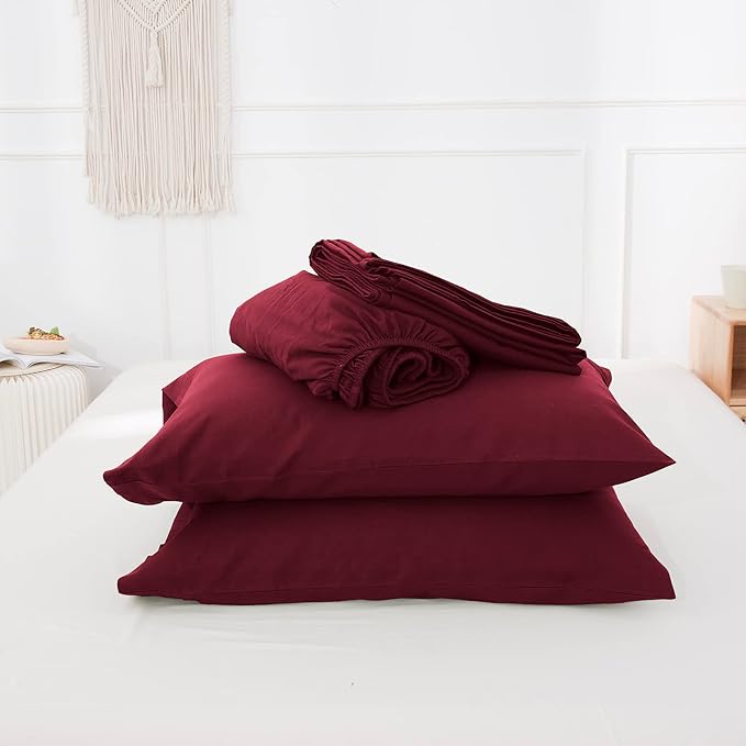 Simple&Opulence Belgian Linen Sheet Set Solid Color - 4 Pieces (1 Flat Sheet, 1 Fitted Sheet & 2 Pillowcases) Natural Flax Cotton Blend Soft Breathable Farmhouse Bedding - Full Size, Burgundy Red
