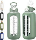 64 oz Glass Water Bolttles with Straw Half Gallon Large Motivational Water Bottle with Time Marker Sports Water Bottles with Silicone Sleeve and Handle Lid Water Jug for Gym Workout