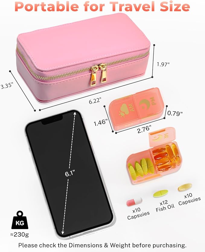 Pill Organizer 2 Times a Day (AM PM), Weekly Pill Box with PU Leather Case, Stylish Portable Medicine Organizer for Purse, Vitamins & Supplements (Pink)