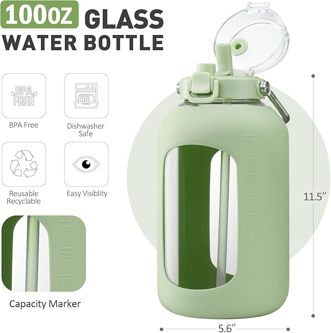 BLUEGO 100 oz Glass Water Bottle with Straw, Huge 3 Liter Water Bottle with Sturdy Handle, Glass Water Jug with Sleeve, Wide Mouth Water Container with Time Marker, Light Green