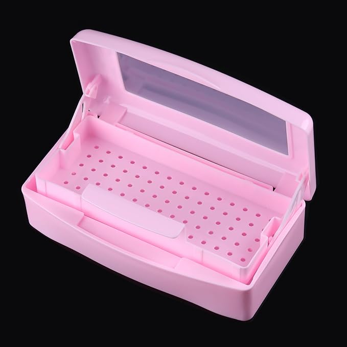 Nail Tool Sterilizer Box Plastic Disinfectant Container for Nail Art Accessories Tools, Sterilizer Soaking Box with Strainer Pedicure Manicure Cleaning Equipment, Pink