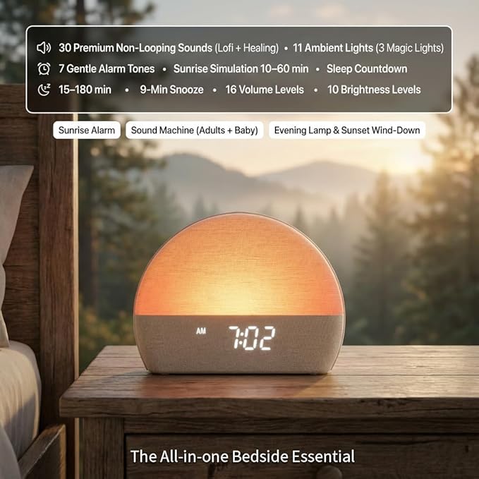 White Noise Sound Machine Sunrise Alarm Clock – 30 Non-Looping Soothing Sleep Sounds with LoFi and Healing Music| 10-Color Ambient Light & Sunlamp | No App Screen Free Sleep for Baby Adults Kids