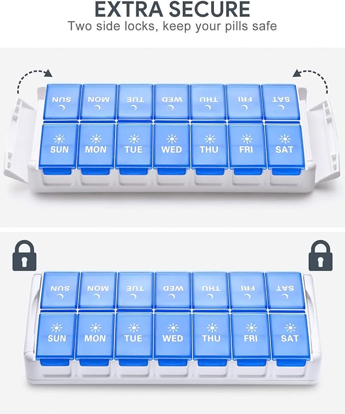TookMag Weekly Pill Organizer 2 Times a Day, Easy Fill AM PM Pill Box, Large Capacity Quick-Refill 7 Day Pill Cases for Pills/Vitamin/Fish Oil/Supplements (Patent Registered) (Blue)