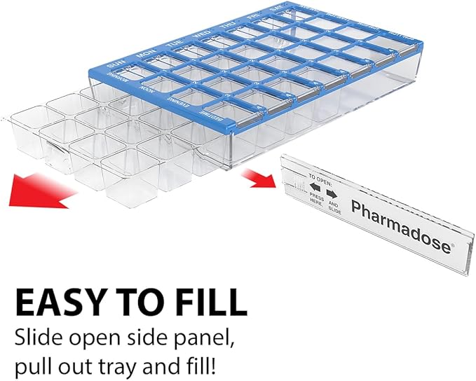 EZY DOSE Weekly AM/PM (7-Day) Daily Pharmadose Pill Planner, Medicine Case, Vitamin and Supplement Organizer, Small Easy Fill Compartments, 4 Times a Day, 28 Compartments, Blue, BPA Free