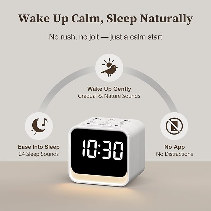 HOUSBAY Wooden Sound Machine Alarm Clock for Bedrooms - Gentle Wake-Up with Birdsong, White Noise for Sleeping, Small Digital Clock for Phone-Free Routine - Ash Wood