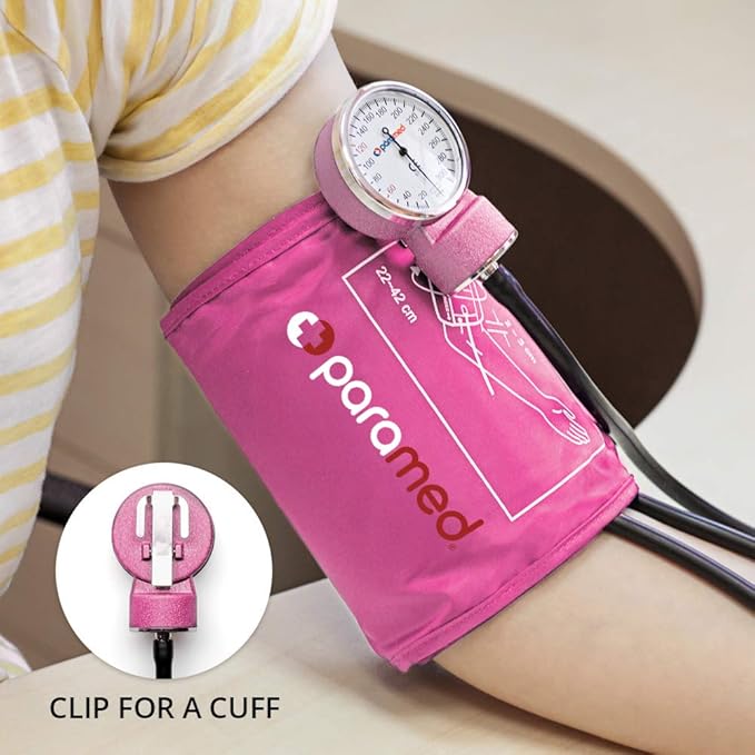PARAMED Aneroid Sphygmomanometer – Manual Blood Pressure Cuff with Universal Cuff 8.7-16.5" and D-Ring – Carrying Case in the kit – Pink – Stethoscope Not Included