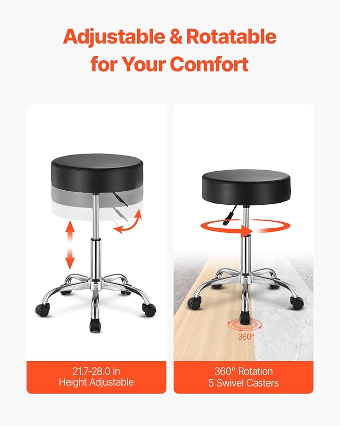 VEVOR Rolling Stool with Wheels, 450 LBS Weight Capacity Round Rolling Stool Chair, Height Adjustable Thickened PU Leather Swivel Stool for Salon, Spa, Massage, Tattoo, Clinic, Black