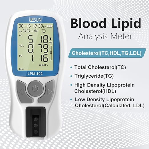 LYSUN Blood Lipid Analysis Meter System Multifunction Lipid kit Test HDL Triglycerides Cholesterol Test Meter (Lipid Meter with 10pcs of strips), white and dark blue