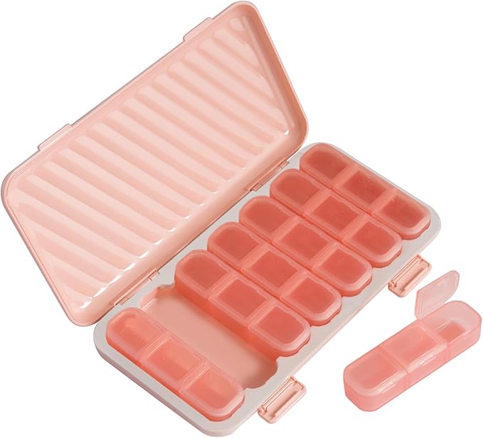 Pill Organizer 3 Times a Day Pink, Weekly Pill Case with Labels, Pill Box Medicine Organizer to Hold Vitamins and Medication | IPX7 Waterproof |21 Independent Sealing Rings