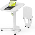 Foldable Pneumatic Height Adjustable Mobile Standing Desk with 90° Tiltable Tabletop, 27.2x18.9 Inch Portable Laptop Desk with Wheels, Holds Up to 66.1lbs for Home Office, Study, White