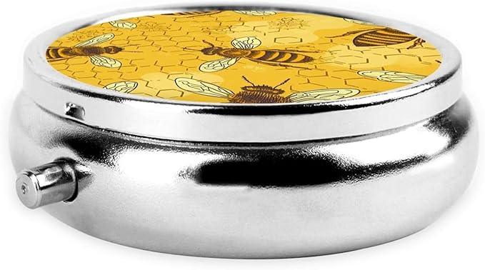 Honeybee Yellow Print Pill Box 3 Compartment Small Pill Case Portable Pill Box for Pocket Or Purse Cute Medicine Organizer Holder to Hold Vitamins Medication