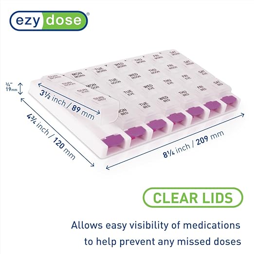 EZY DOSE Weekly (7 Day) 4 Times a Day Push Button Pill Organizer and Vitamin Planner, Removable Daily Pillboxes, Purple, Clear Lids, Small